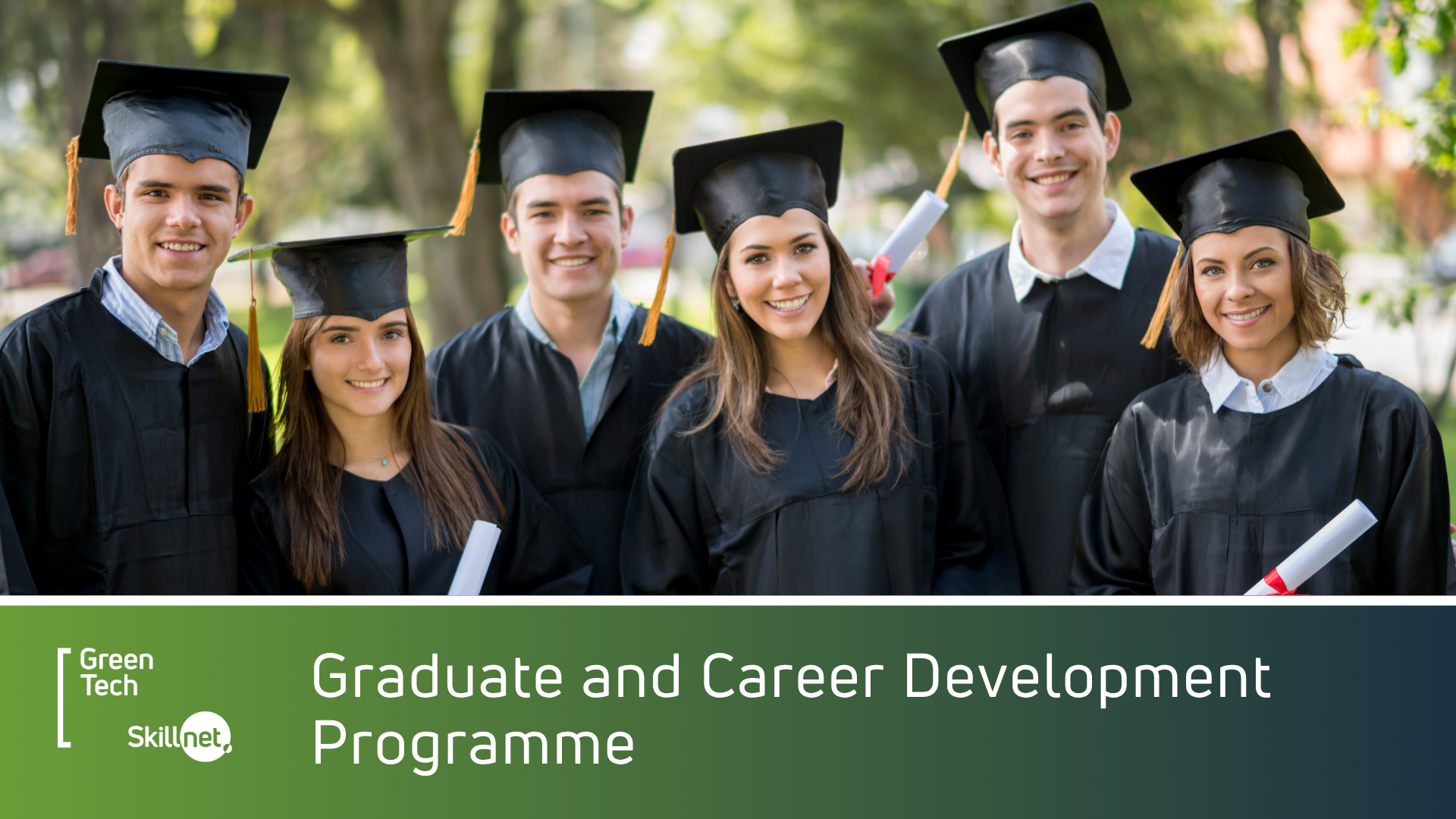 Group of graduates wearing caps and gowns holding diplomas outdoors, promoting the Green Tech Skillnet Graduate and Career Development Programme.